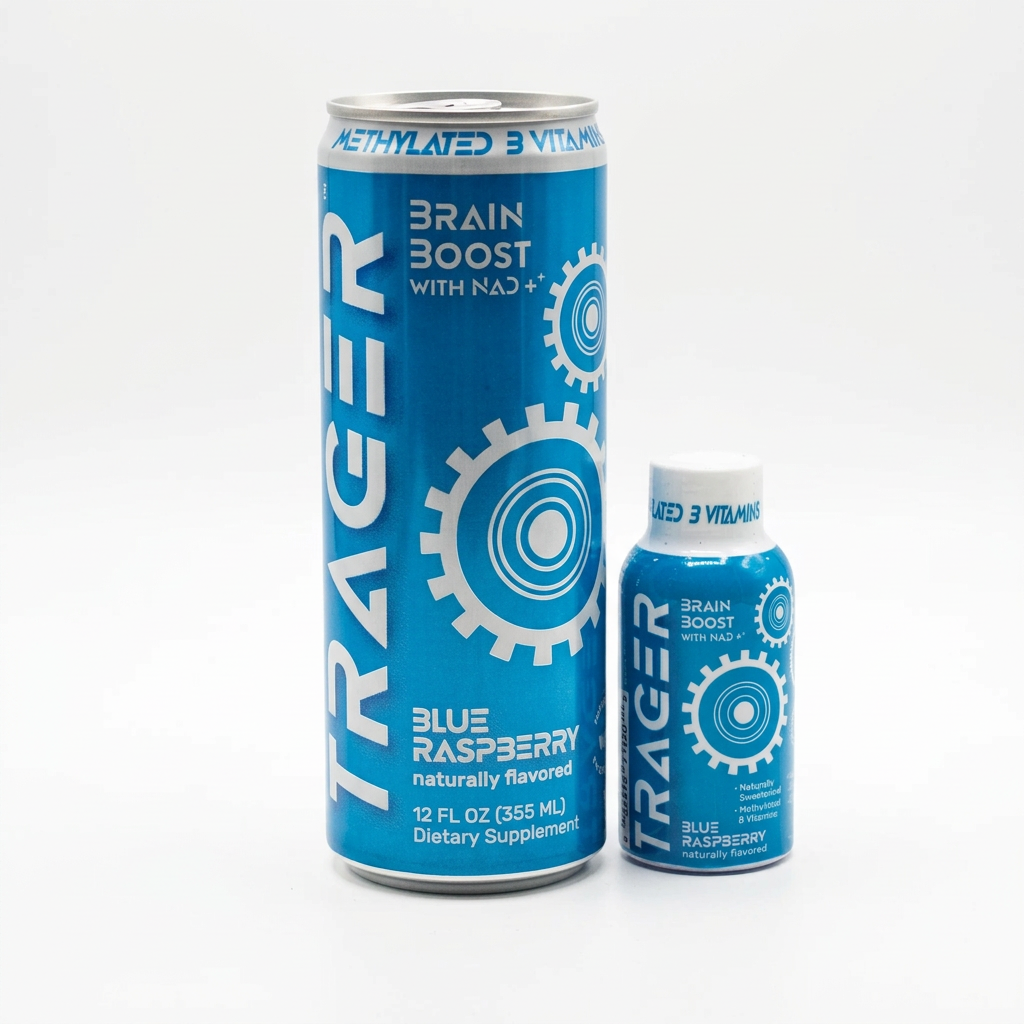 Trager Blue Raspberry 12 oz can and 2 oz shot