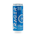Trager Blue Raspberry 12 oz can, angled view on white background