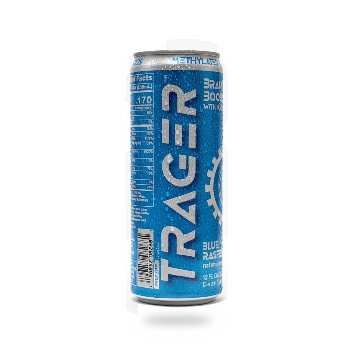 Trager Blue Raspberry 12 oz can, back of can