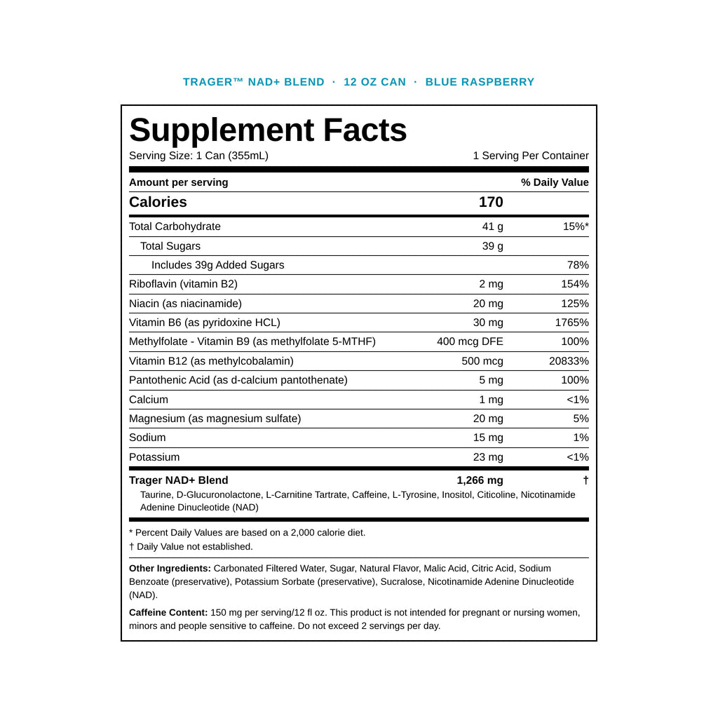 Trager 12 oz can Supplement Facts panel