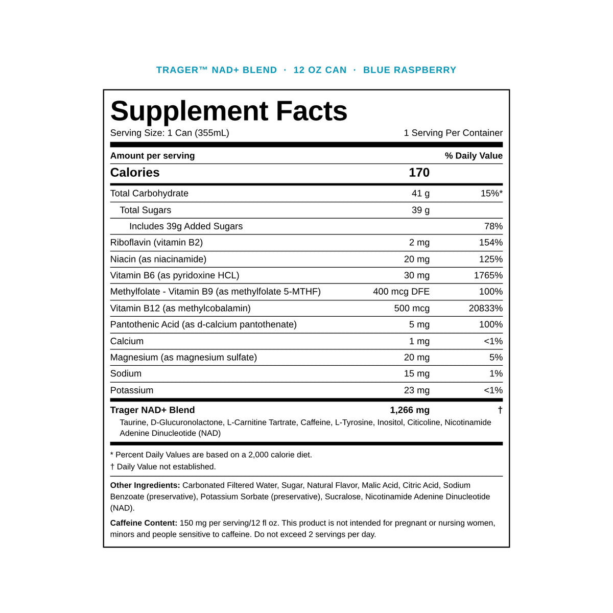 Trager 12 oz can Supplement Facts panel