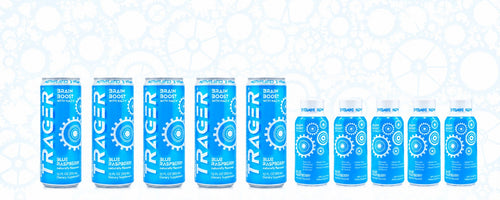 Trager Blue Raspberry 12 oz cans and 2 oz shots lined up
