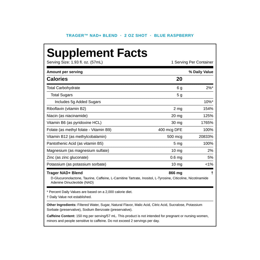 Trager 2 oz shot Supplement Facts panel