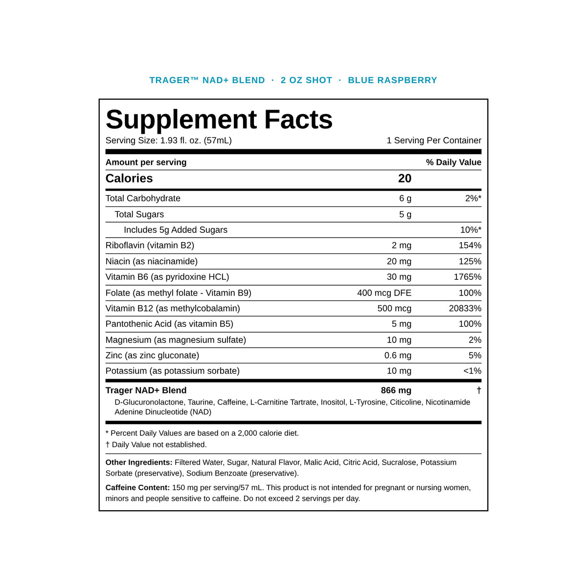 Trager 2 oz shot Supplement Facts panel